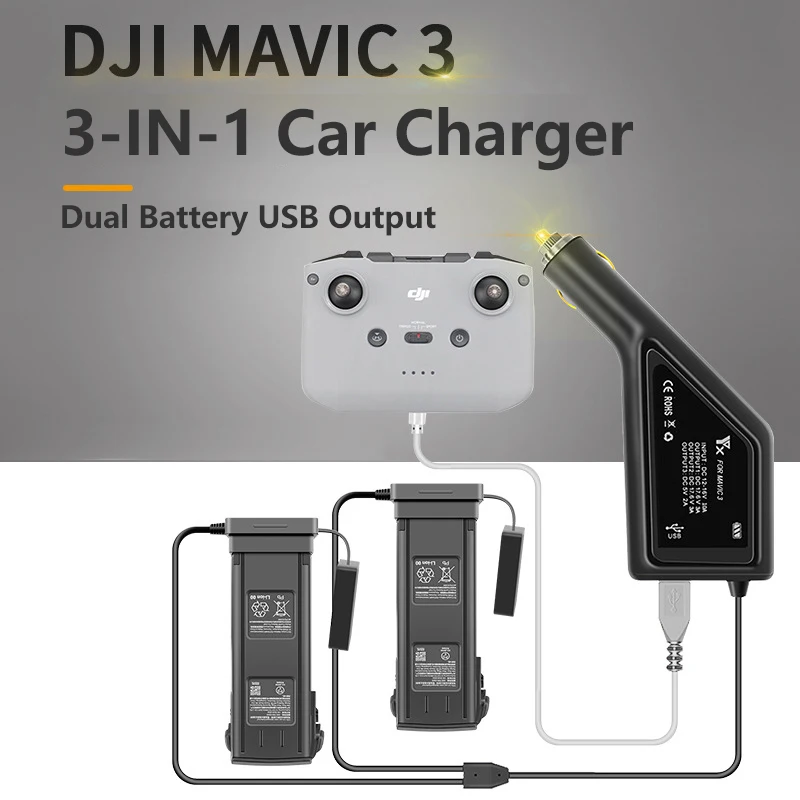 3 in 1 Dual Battery Car Charger USB Charging Adapter for DJI Mavic 3 Drone Remote Controller and Battery Charge Accessories
3 in 1 Dual Battery Car Charger USB Charging Adapter for DJI Mavic 3 Drone Remote Controller and Battery Charge Accessories