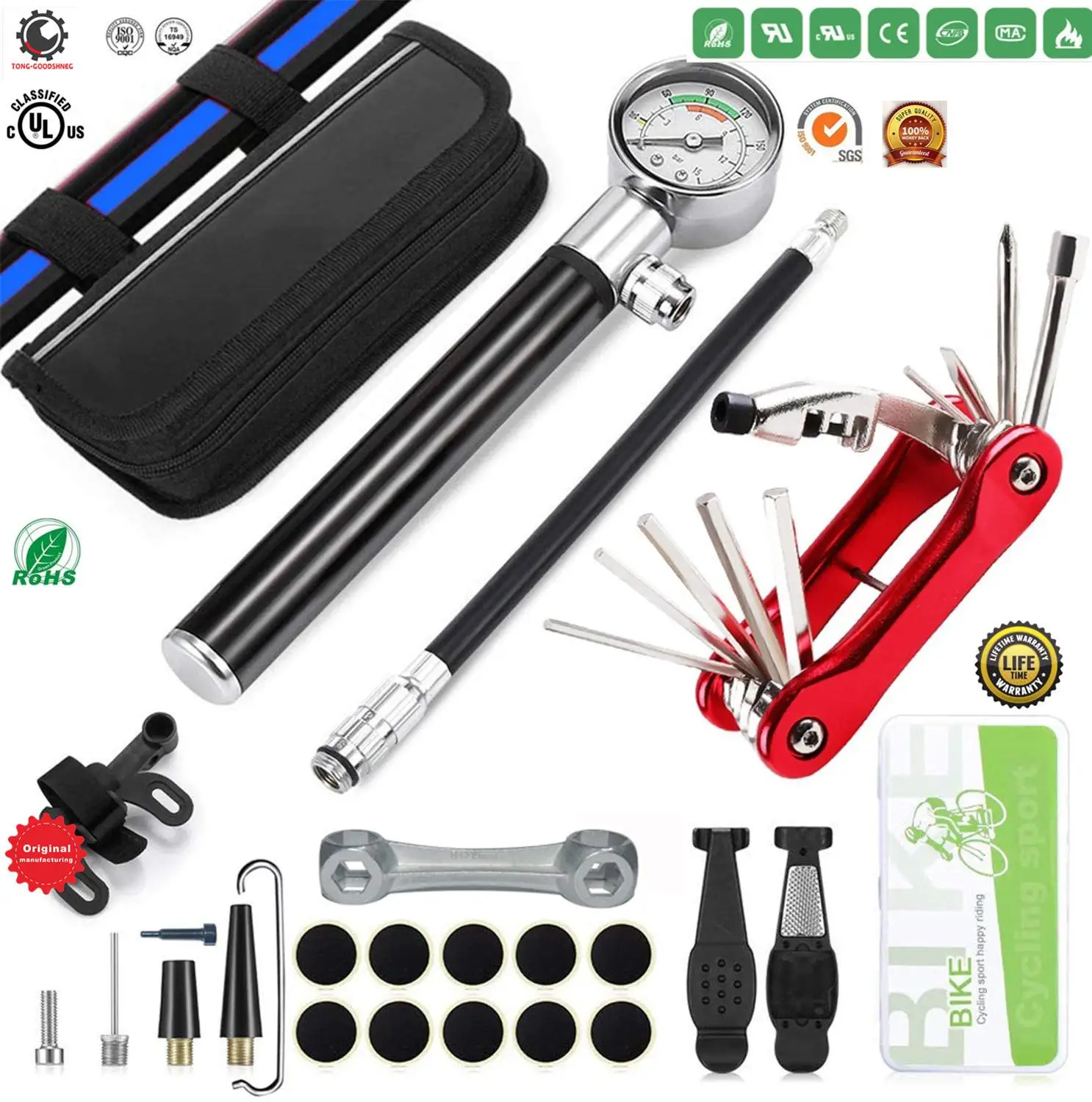 Bike Tyre Repair Tool Kit Bicycle Tool kit with 210 Psi Mini Pump 10-in-1 Multi-Tool,Chain Breaker Tyre Levers Tire Patch,Wrench
Bike Tyre Repair Tool Kit Bicycle Tool kit with 210 Psi Mini Pump 10-in-1 Multi-Tool,Chain Breaker Tyre Levers Tire Patch,Wrench