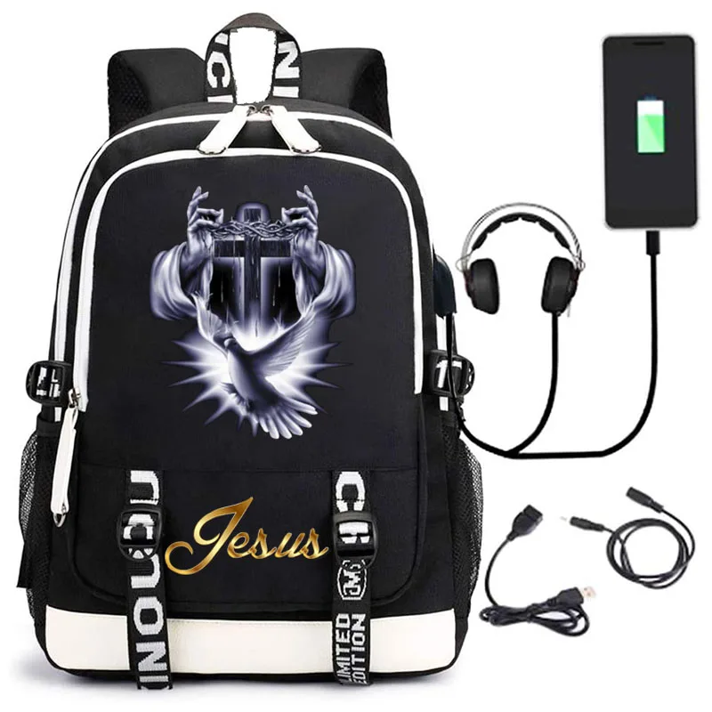 Модный рюкзак с изображением Иисуса из аниме мультфильма USB, школьная сумка для мальчиков и девочек, женская и мужская дорожная сумка для ноутбука, школьная сумка
Модный рюкзак с изображением Иисуса из аниме мультфильма USB, школьная сумка для мальчиков и девочек, женская и мужская дорожная сумка для ноутбука, школьная сумка