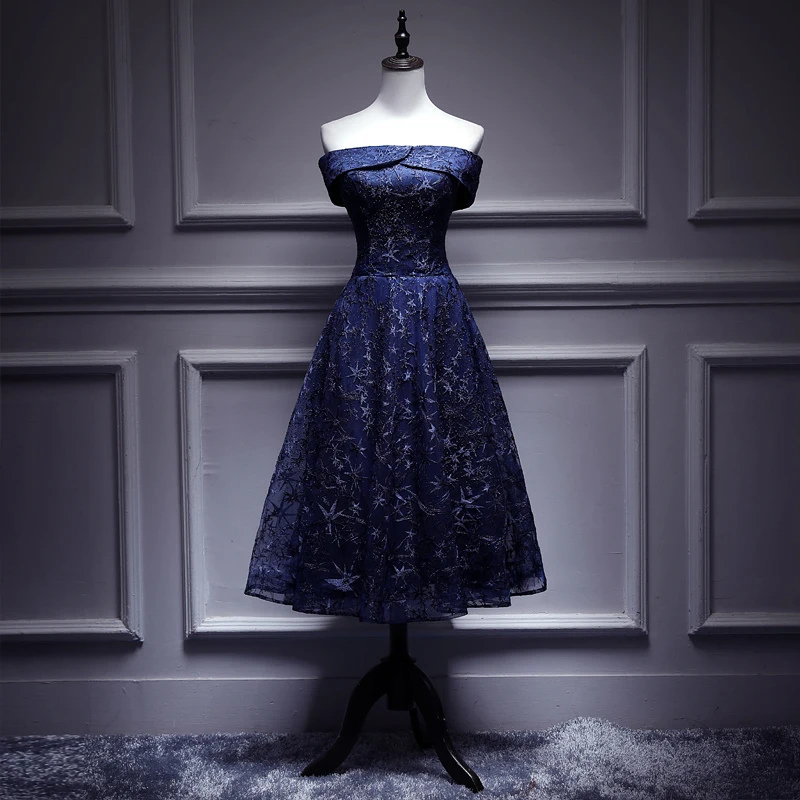 Prom Gowns Navy Blue Boat Neck Off the shoulder Sleeves A-line Tea-length Plus size Customized Lace up Woman Party Dress R1333
Prom Gowns Navy Blue Boat Neck Off the shoulder Sleeves A-line Tea-length Plus size Customized Lace up Woman Party Dress R1333