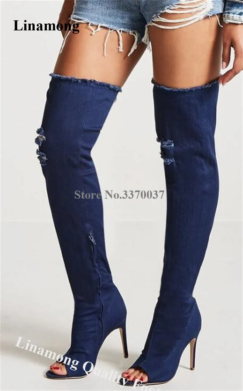 Linamong Fashion Peep Toe Dark Blue Over Knee Stiletto Heel Denim Boots Cut-out Slim High Heel Long Boots Motorcycle Boots
Linamong Fashion Peep Toe Dark Blue Over Knee Stiletto Heel Denim Boots Cut-out Slim High Heel Long Boots Motorcycle Boots