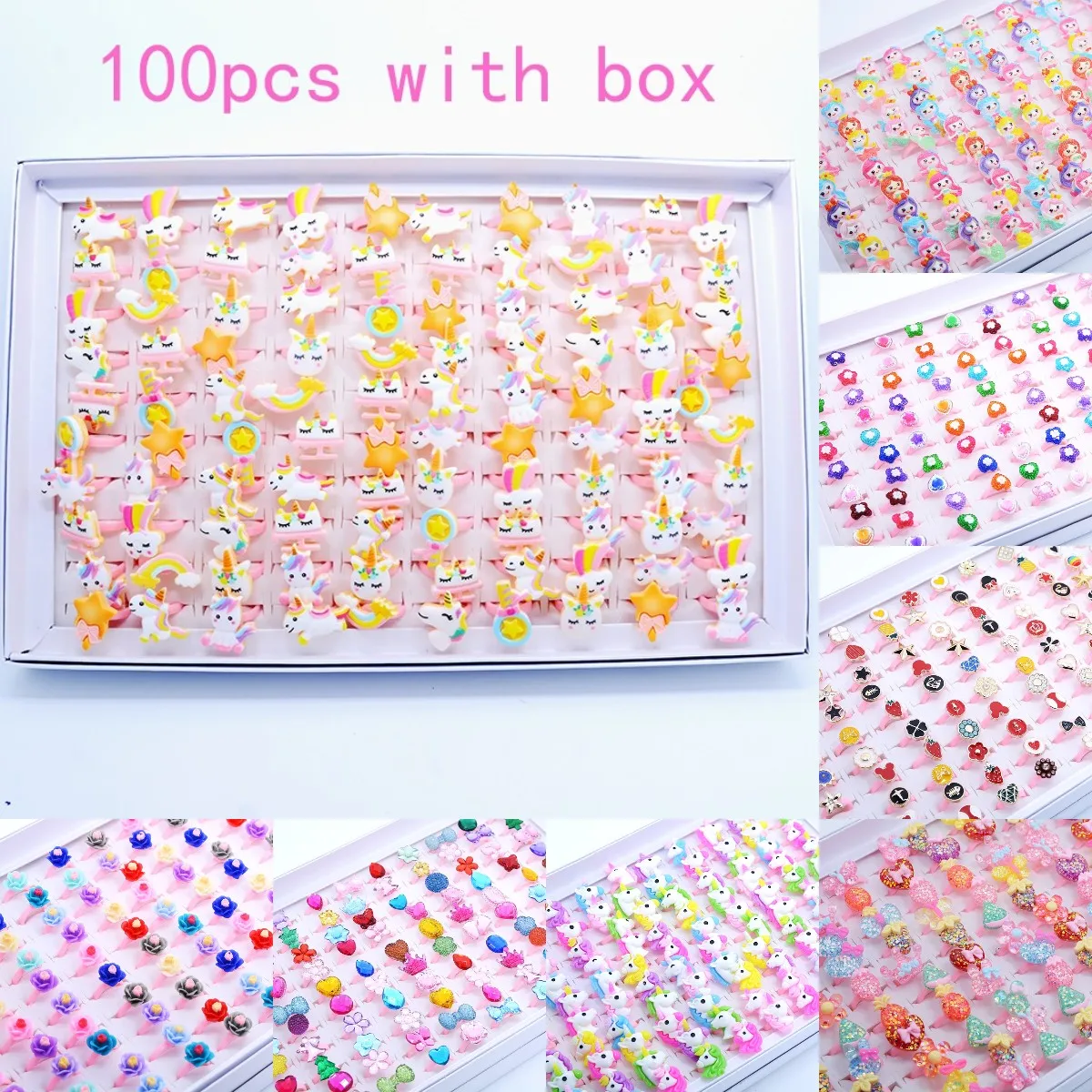 Wholesale 100pc/box Mix Cartoon Animal Unicorn Mermaid Daisy Gem ring Kids Girl Rings Child Birthday Party Gifts adjustable size
Wholesale 100pc/box Mix Cartoon Animal Unicorn Mermaid Daisy Gem ring Kids Girl Rings Child Birthday Party Gifts adjustable size