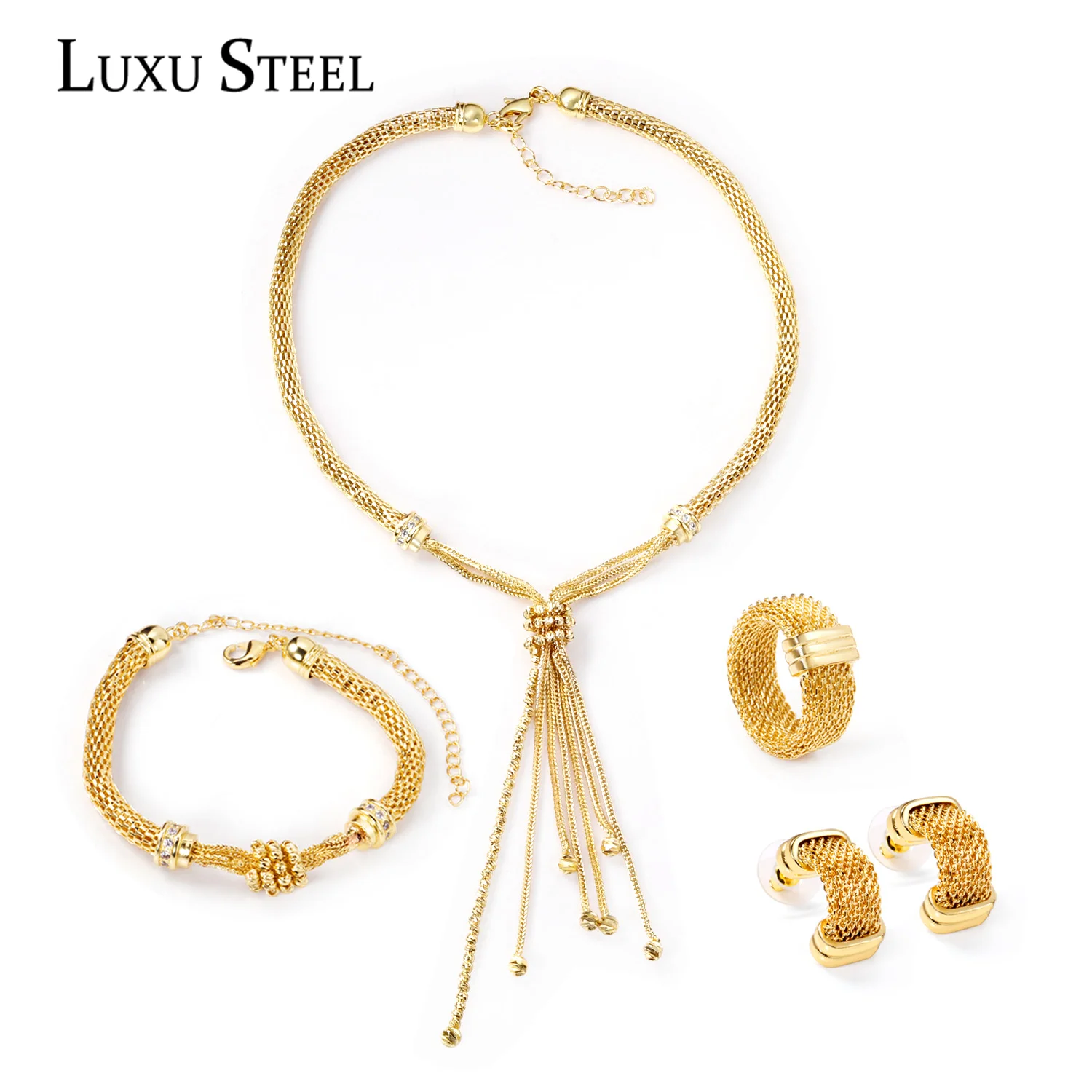 LUXUSTEEL Necklace Sets 4pcs For Women Gold Color Round Collars Necklace Bracelets Rings Earrings Brinco Copper Jewelry Set
LUXUSTEEL Necklace Sets 4pcs For Women Gold Color Round Collars Necklace Bracelets Rings Earrings Brinco Copper Jewelry Set