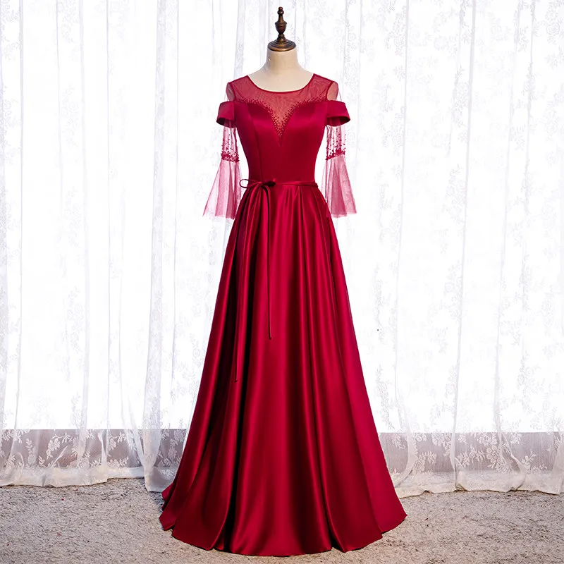 Evening Dress O-Neck Simple Floor-Length Fashion Half Sleeves Backless A-Line Burgundy Satin Party Formal Dresses Woman B1308
Evening Dress O-Neck Simple Floor-Length Fashion Half Sleeves Backless A-Line Burgundy Satin Party Formal Dresses Woman B1308