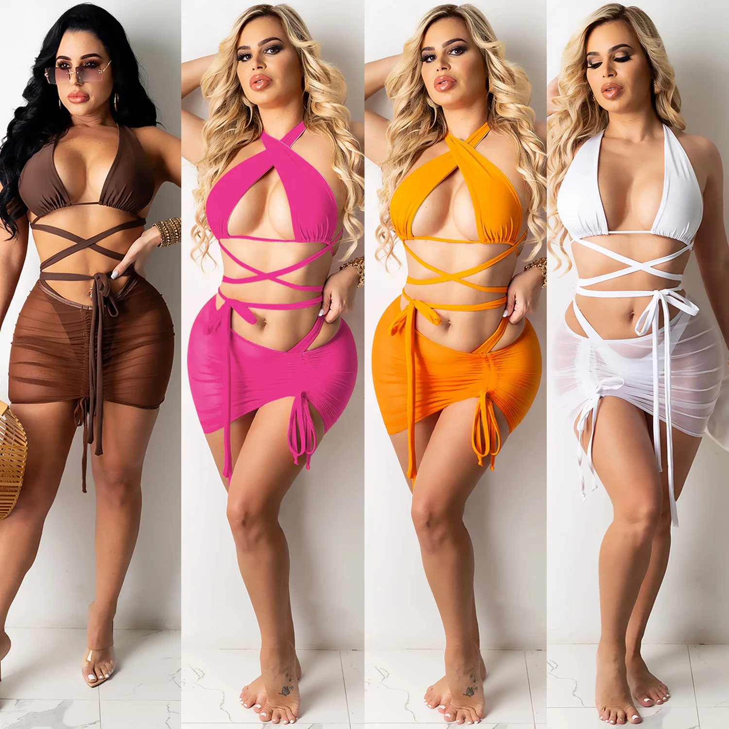Summer Sexy Bandage Bikini Sets Three Piece Set Lace Up Mesh Sheer Hollow Out Beachwear Mini Skirt Sets Sexy Backless
Summer Sexy Bandage Bikini Sets Three Piece Set Lace Up Mesh Sheer Hollow Out Beachwear Mini Skirt Sets Sexy Backless