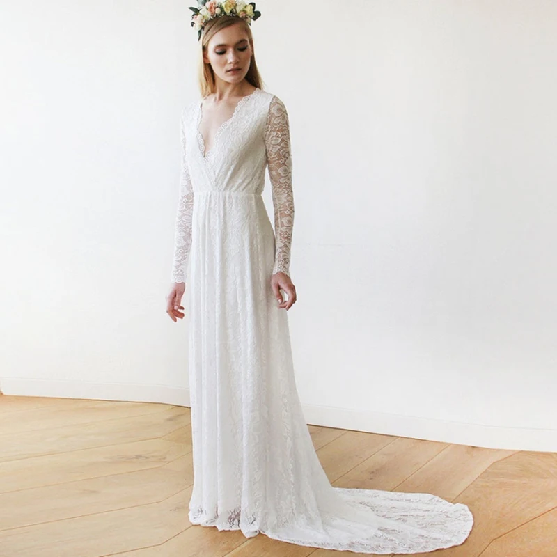 2021 Modern Simple Lace Wedding Dresses Long Sleeves V Neckline Gowns Pleating Bridal White Court Train
2021 Modern Simple Lace Wedding Dresses Long Sleeves V Neckline Gowns Pleating Bridal White Court Train