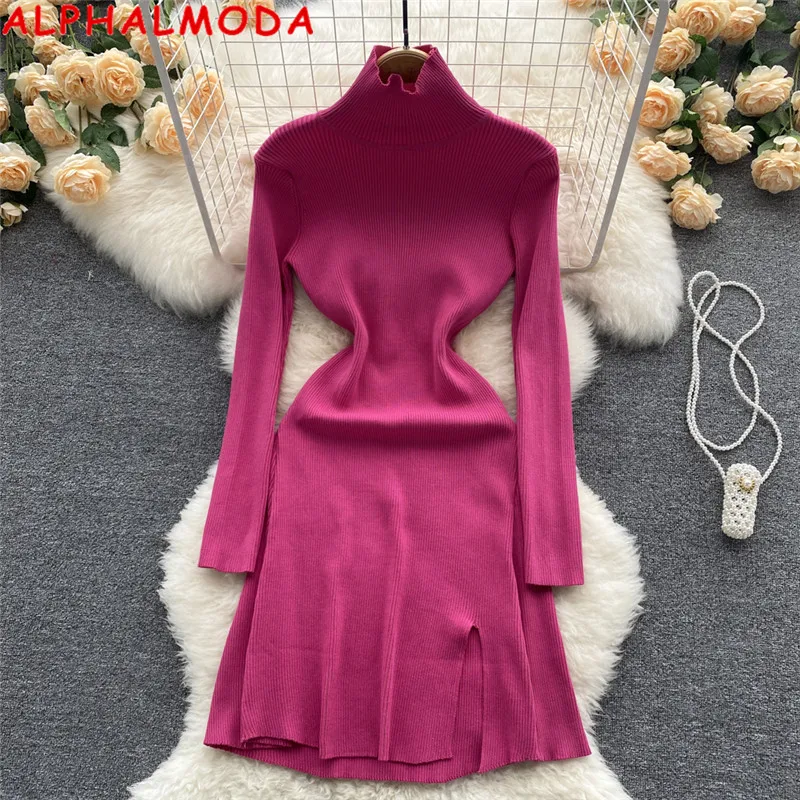 ALPHALMODA 2021 Solid Color Long Sleeve High Neck Split Dress A-line Solid Knit Dress Women Casual Bottom Sweater Dress
ALPHALMODA 2021 Solid Color Long Sleeve High Neck Split Dress A-line Solid Knit Dress Women Casual Bottom Sweater Dress