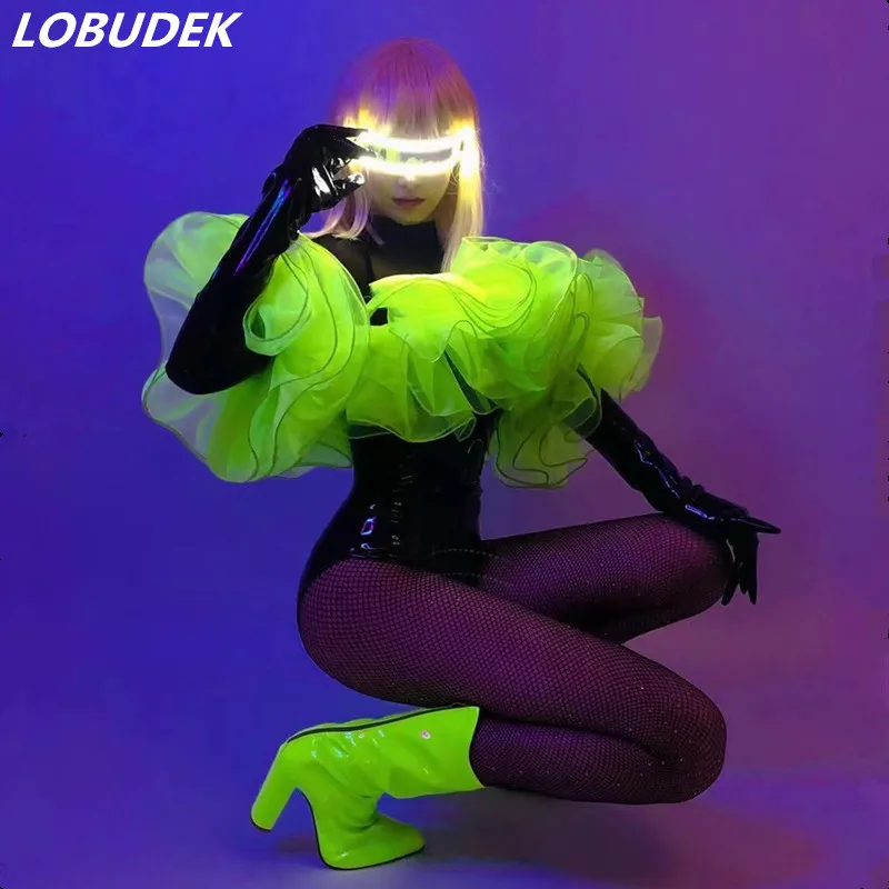 Women Dancer Groups Bar Club Stage Costume Fluorescent Green Black PU Leather Bodysuit Gloves Outfit Sexy DJ Jazz Dance Clothes
Women Dancer Groups Bar Club Stage Costume Fluorescent Green Black PU Leather Bodysuit Gloves Outfit Sexy DJ Jazz Dance Clothes