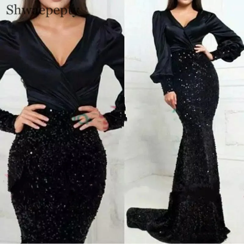 Sparkly Black Mermaid Evening Dress Deep V Neck Full Sleeve Long Sequins Trumpet Prom Dresses Formal Party Event Gown Customized
Sparkly Black Mermaid Evening Dress Deep V Neck Full Sleeve Long Sequins Trumpet Prom Dresses Formal Party Event Gown Customized