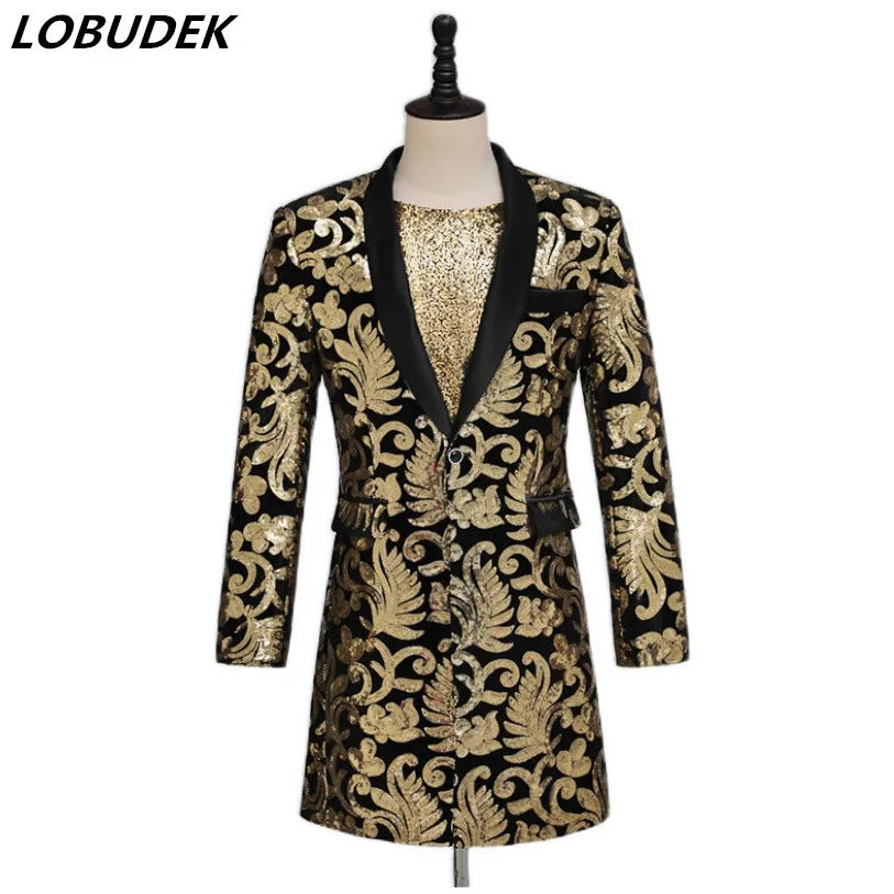 Male Singer Stage Dance Long Black Gold Sequin Suit Jacket Magician Host Shiny Blazer Coat Bar Nightclub Performance Costume
Male Singer Stage Dance Long Black Gold Sequin Suit Jacket Magician Host Shiny Blazer Coat Bar Nightclub Performance Costume