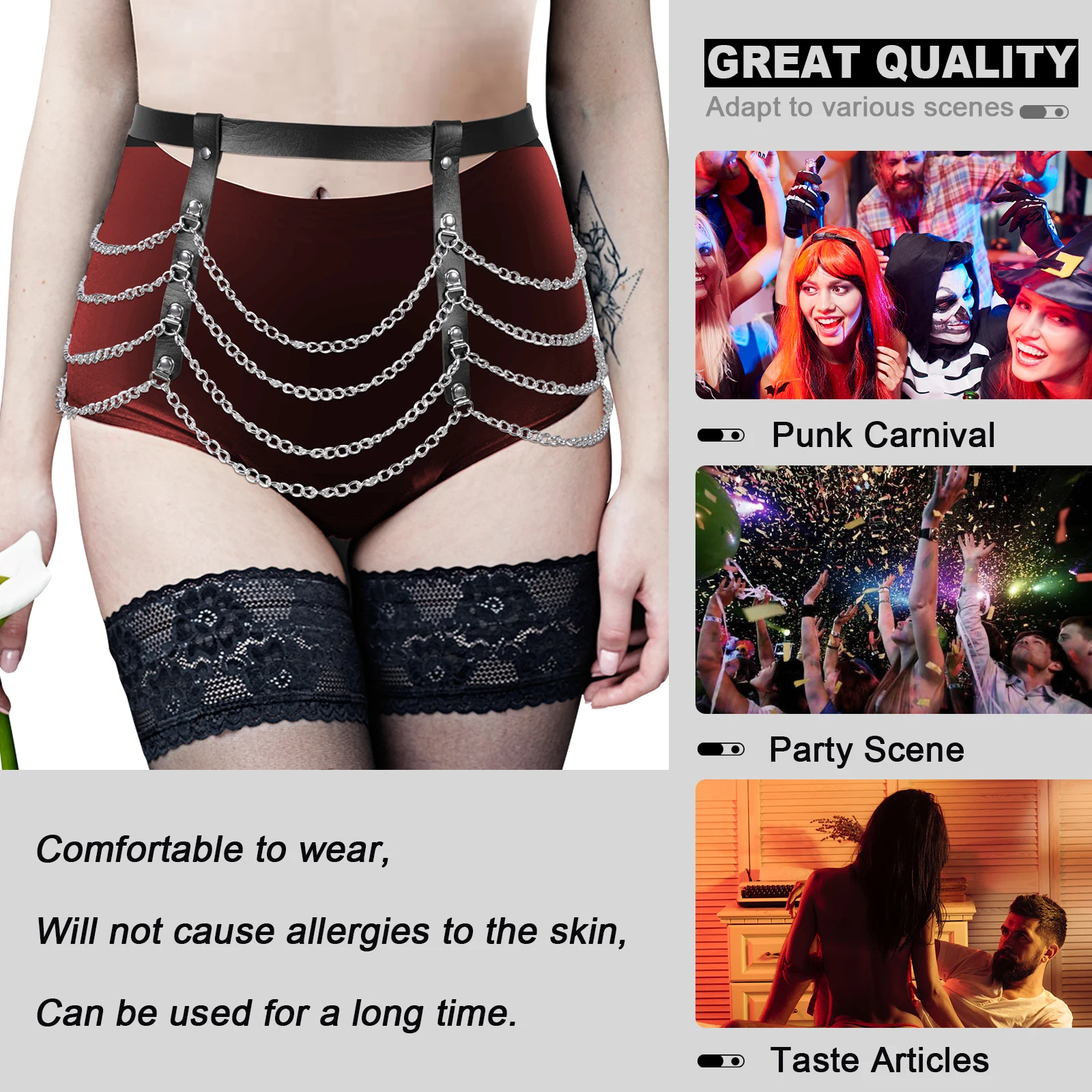 Fashion Punk Nightclub Rave Buttocks Harness Lingerie Metal Chain Mini Skirt Women Sexy Leather Body Chain Dance Clothing Fetish
Fashion Punk Nightclub Rave Buttocks Harness Lingerie Metal Chain Mini Skirt Women Sexy Leather Body Chain Dance Clothing Fetish