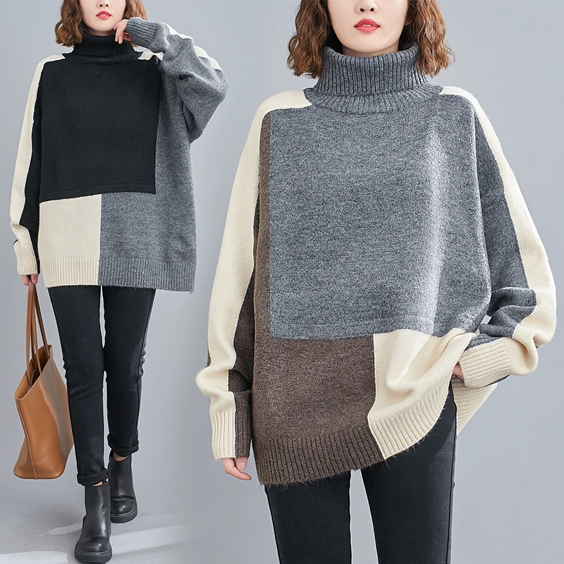 Plus Size Patchwork Knitted Turtleneck Sweater Women New Long Sleeve Pullover Fashion Loose Oversize Sweater Clothes Winter
Plus Size Patchwork Knitted Turtleneck Sweater Women New Long Sleeve Pullover Fashion Loose Oversize Sweater Clothes Winter