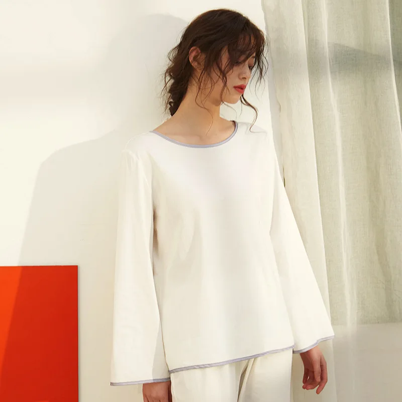 Spring Women Round Neck Pajama Set Long Sleeve Wide Leg Trousers Two-piece Pajamas Round Neck White Sleepwear Household Clothes
Spring Women Round Neck Pajama Set Long Sleeve Wide Leg Trousers Two-piece Pajamas Round Neck White Sleepwear Household Clothes