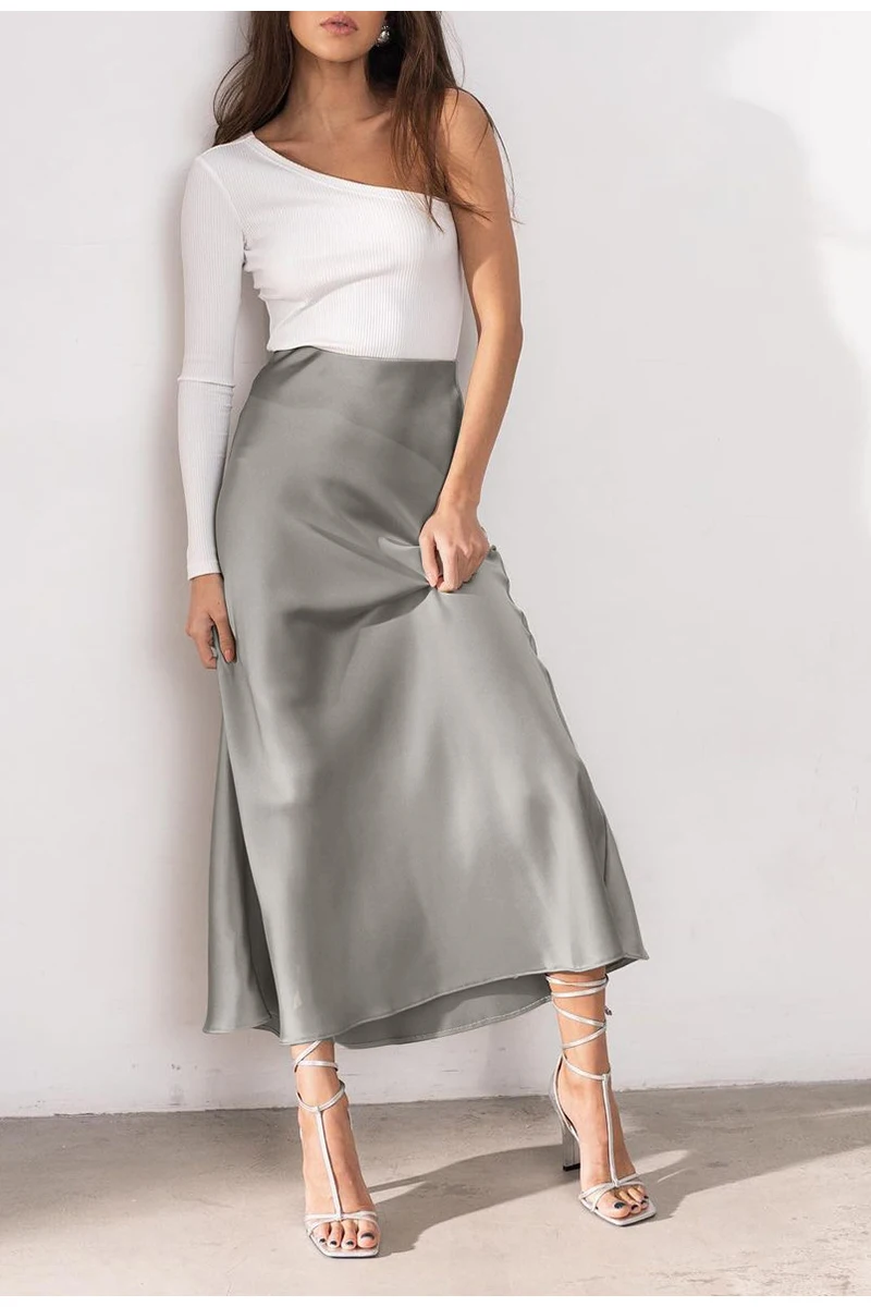 Casual high waist long satin skirt women Elegant a-line autumn winter skirts High street ankle length maxi skirts 
Casual high waist long satin skirt women Elegant a-line autumn winter skirts High street ankle length maxi skirts