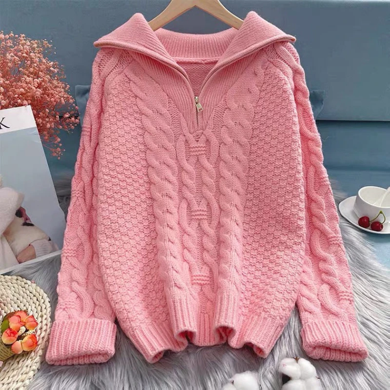 2021 Female White Jumper Autumn Winter Thickening Knitted Sweater Women Casual Zipper Polo Collar Loose Knitted Pullovers
2021 Female White Jumper Autumn Winter Thickening Knitted Sweater Women Casual Zipper Polo Collar Loose Knitted Pullovers