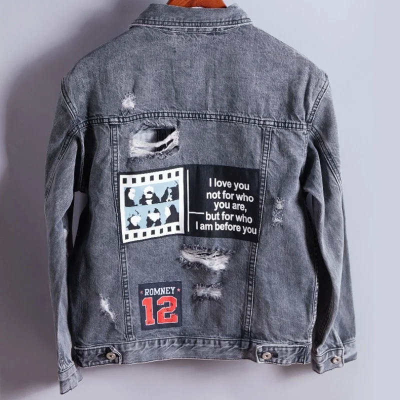 Autumn Spring Mens Jacket High Street Hole Ripped Long Sleeve Denim Coat Casual Street Loose Single Breasted College Jackets
Autumn Spring Mens Jacket High Street Hole Ripped Long Sleeve Denim Coat Casual Street Loose Single Breasted College Jackets