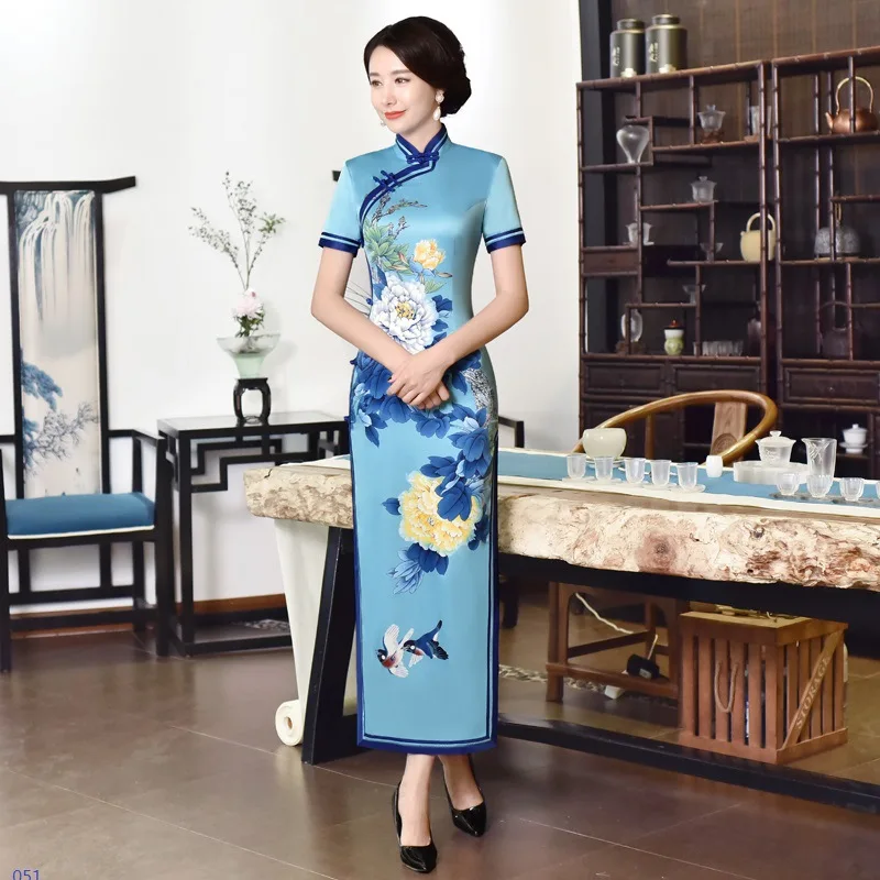 Size 4XL Women Elegant Chinese Flower Prined Broadside Cheongsam Long Satin Short Sleeve Orientale Banquet Qipao
Size 4XL Women Elegant Chinese Flower Prined Broadside Cheongsam Long Satin Short Sleeve Orientale Banquet Qipao