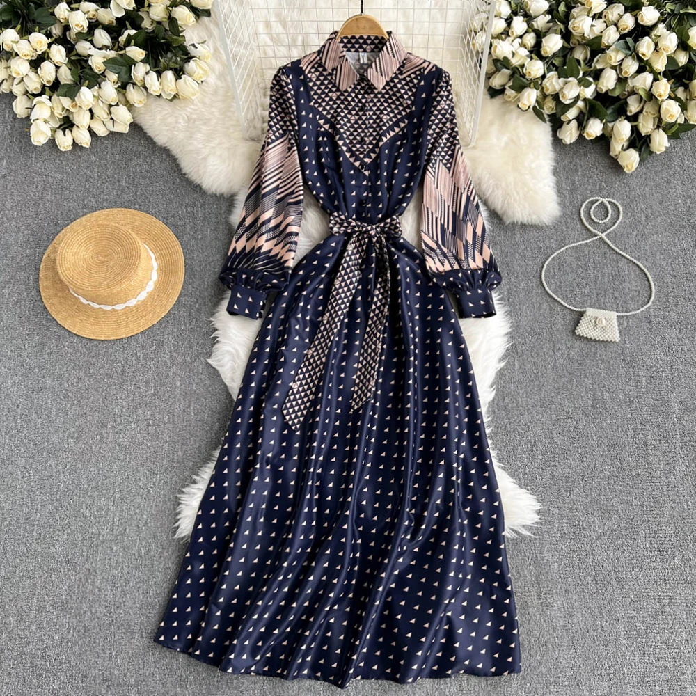 C162 High-quality New Fashion Autumn Retro Printed Long-sleeved Shirt Collar Lace-up Waist A-line Shirts Dress Vintage Vestidos
C162 High-quality New Fashion Autumn Retro Printed Long-sleeved Shirt Collar Lace-up Waist A-line Shirts Dress Vintage Vestidos