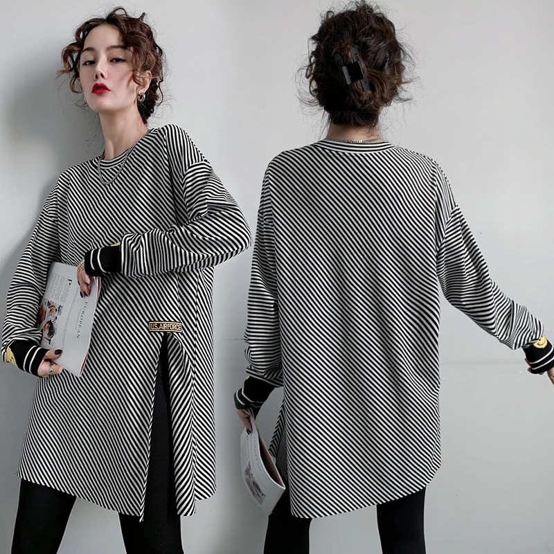 Casual Black White Striped t Shirts Women's Clothing Spring Autumn Loose Side Slit Long-sleeved T-shirt Tops D1514
Casual Black White Striped t Shirts Women's Clothing Spring Autumn Loose Side Slit Long-sleeved T-shirt Tops D1514