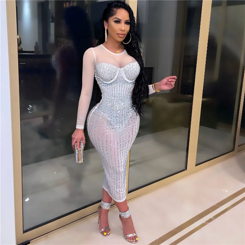 Sexy Mesh Sheer Rhinestones Long Sleeve Bodycon Dress Women Elegant Wedding Birthday Club Party Midi Dress Vestidos De Fiesta
Sexy Mesh Sheer Rhinestones Long Sleeve Bodycon Dress Women Elegant Wedding Birthday Club Party Midi Dress Vestidos De Fiesta