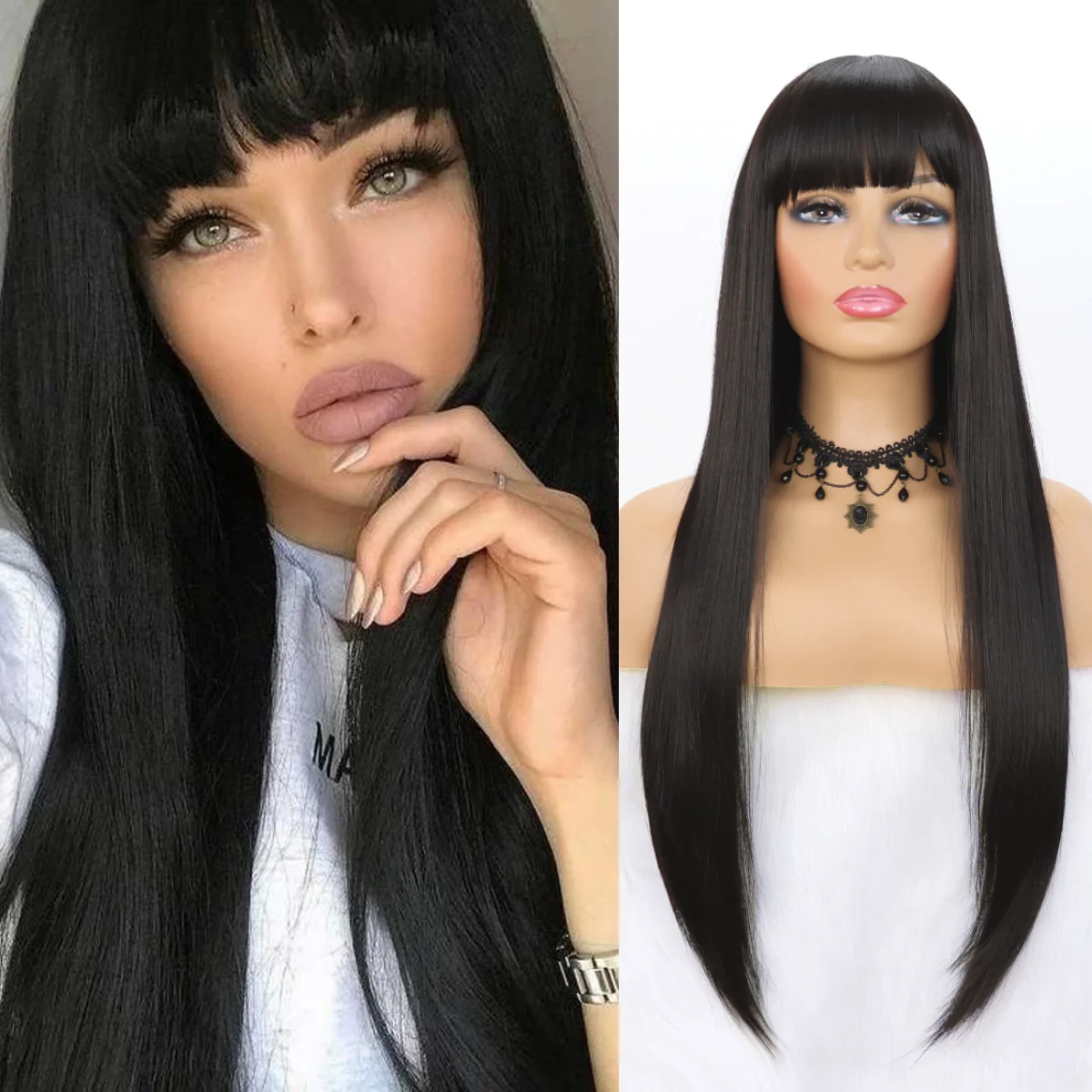 Long Straight Remy Hair Wigs Black Heat Resistant Fiber Hair Full Machine Wig with Bangs Cosplay Party Wig For Women
Long Straight Remy Hair Wigs Black Heat Resistant Fiber Hair Full Machine Wig with Bangs Cosplay Party Wig For Women