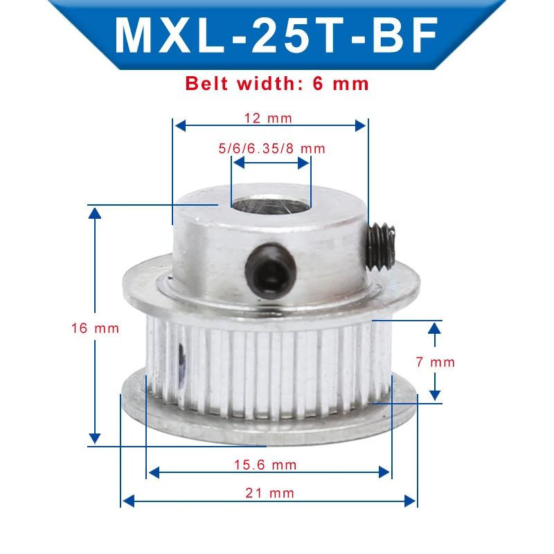 2 pcs MXL-25T Timing Pulley Bore 5/6/6.35/8 mm Pulley Wheel Slot Width 7mm Match with Width 6mm MXL-Timing belt For 3D Printers
2 pcs MXL-25T Timing Pulley Bore 5/6/6.35/8 mm Pulley Wheel Slot Width 7mm Match with Width 6mm MXL-Timing belt For 3D Printers