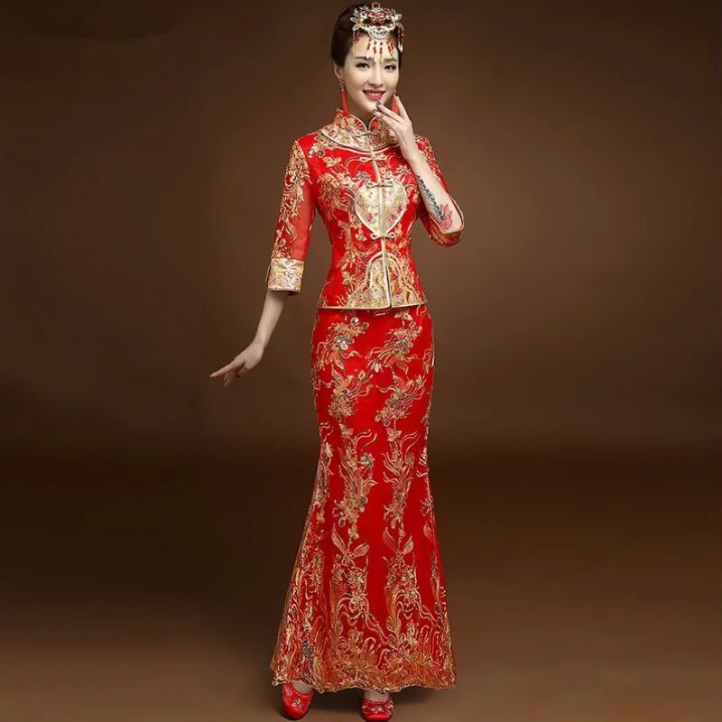 High quality Red Chinese Wedding Dress Female Cheongsam Gold Slim Chinese Traditional Dress Women Qipao for Wedding Party
High quality Red Chinese Wedding Dress Female Cheongsam Gold Slim Chinese Traditional Dress Women Qipao for Wedding Party