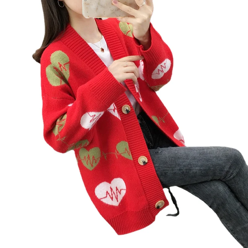 2021 Spring Autumn New Love print Cardigan V Neck Long sleeve Sweater Women Casual Single-breasted Button Loose Knitted Sweater
2021 Spring Autumn New Love print Cardigan V Neck Long sleeve Sweater Women Casual Single-breasted Button Loose Knitted Sweater
