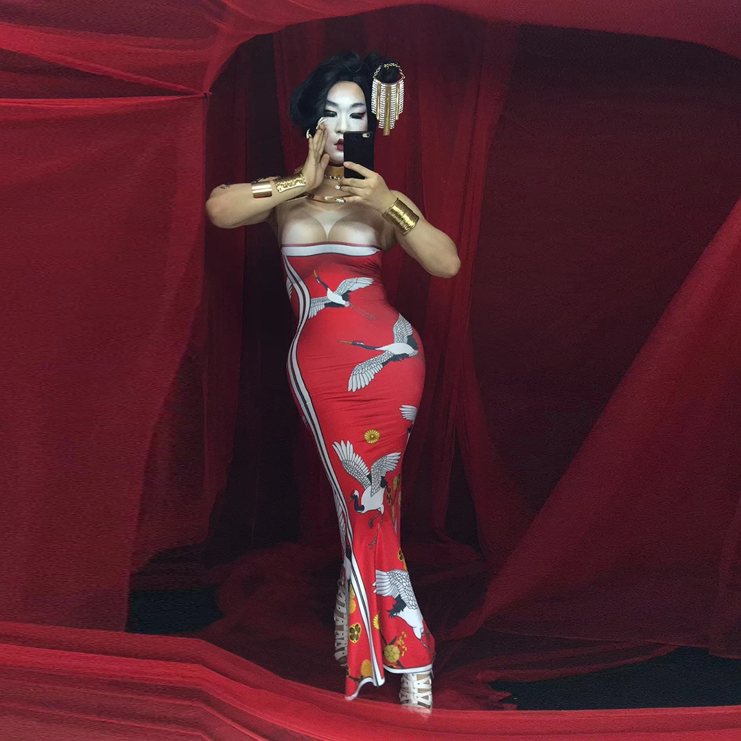 Japanese Style Crane Print Cheongsam Women Sleeveless Sexy Party Long Dress Stretch Nightclub Prom Bodycon Dress Show Stage Wear
Japanese Style Crane Print Cheongsam Women Sleeveless Sexy Party Long Dress Stretch Nightclub Prom Bodycon Dress Show Stage Wear