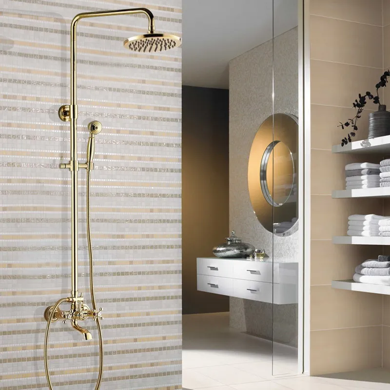 Gold Color Brass Wall Mounted Bathroom 8 Inch Round Rainfall Shower Faucet Set Bath Tub Mixer Tap Hand Shower mgf344
Gold Color Brass Wall Mounted Bathroom 8 Inch Round Rainfall Shower Faucet Set Bath Tub Mixer Tap Hand Shower mgf344