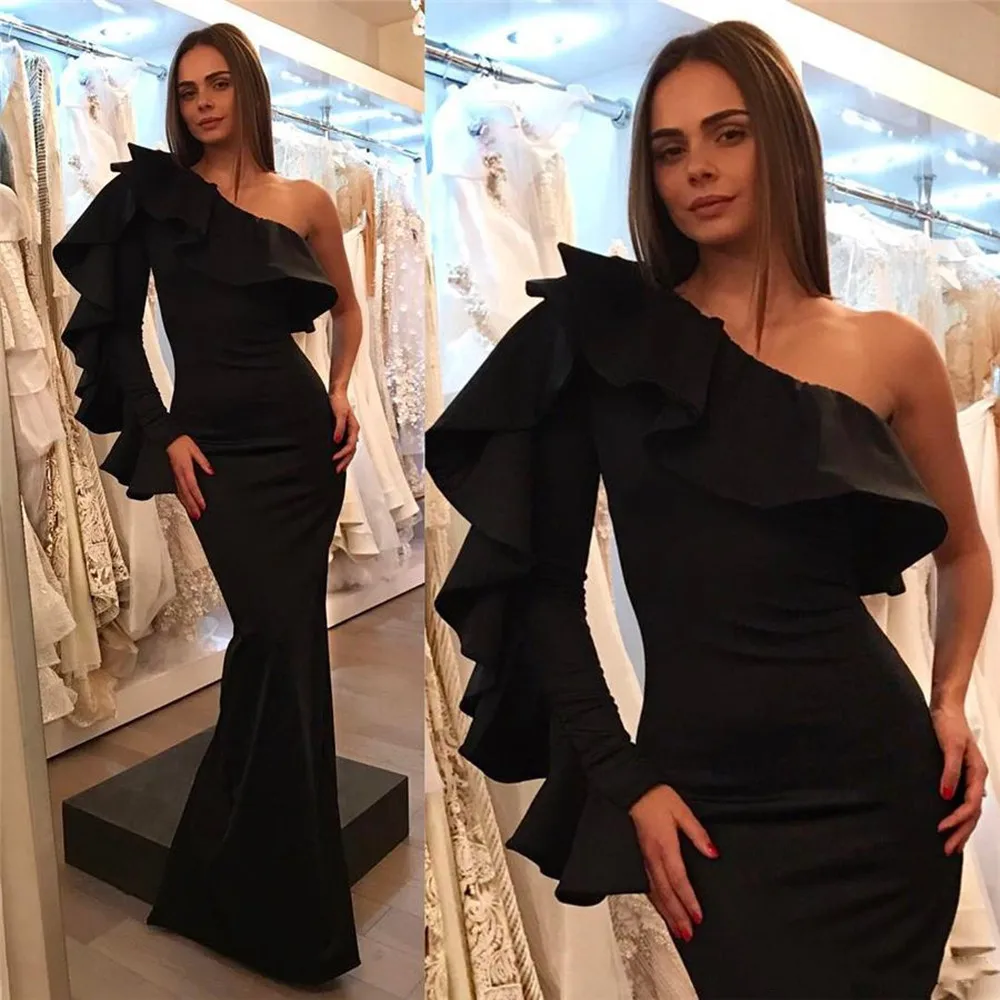 Elegant Black Long Sleeve Evening Dresses Mermaid One Shoulder Ruffles Satin Arabic Formal Prom Party Gown Wear robes de soirée
Elegant Black Long Sleeve Evening Dresses Mermaid One Shoulder Ruffles Satin Arabic Formal Prom Party Gown Wear robes de soirée