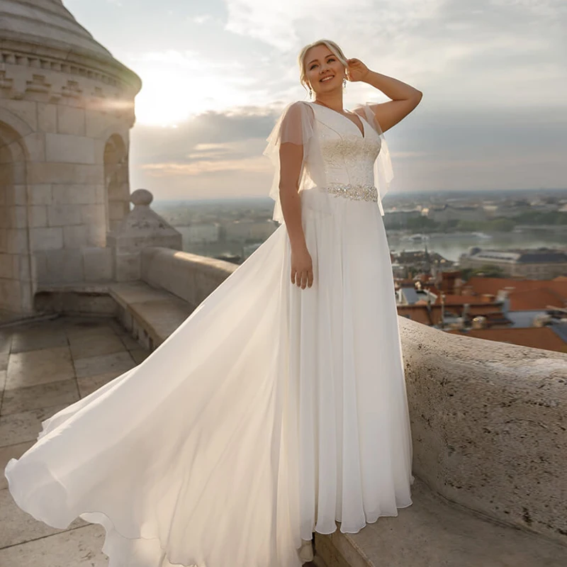 Morden V-neck Short Flare Sleeves Wedding Dresses A Line Beaded Belt Sweep Train Plus Size Summer Beach Bridal Gowns
Morden V-neck Short Flare Sleeves Wedding Dresses A Line Beaded Belt Sweep Train Plus Size Summer Beach Bridal Gowns