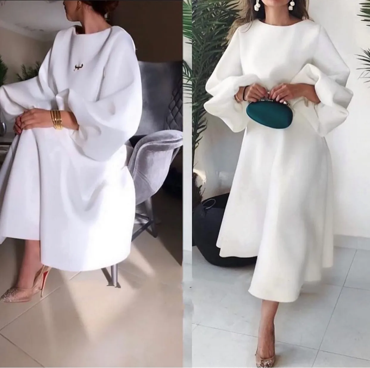 Simple Elegant White Thick Satin Evening Party Dresses Long Puff Sleeves Jewel Neck A Line Tea Length Women Casual Vestidos
Simple Elegant White Thick Satin Evening Party Dresses Long Puff Sleeves Jewel Neck A Line Tea Length Women Casual Vestidos