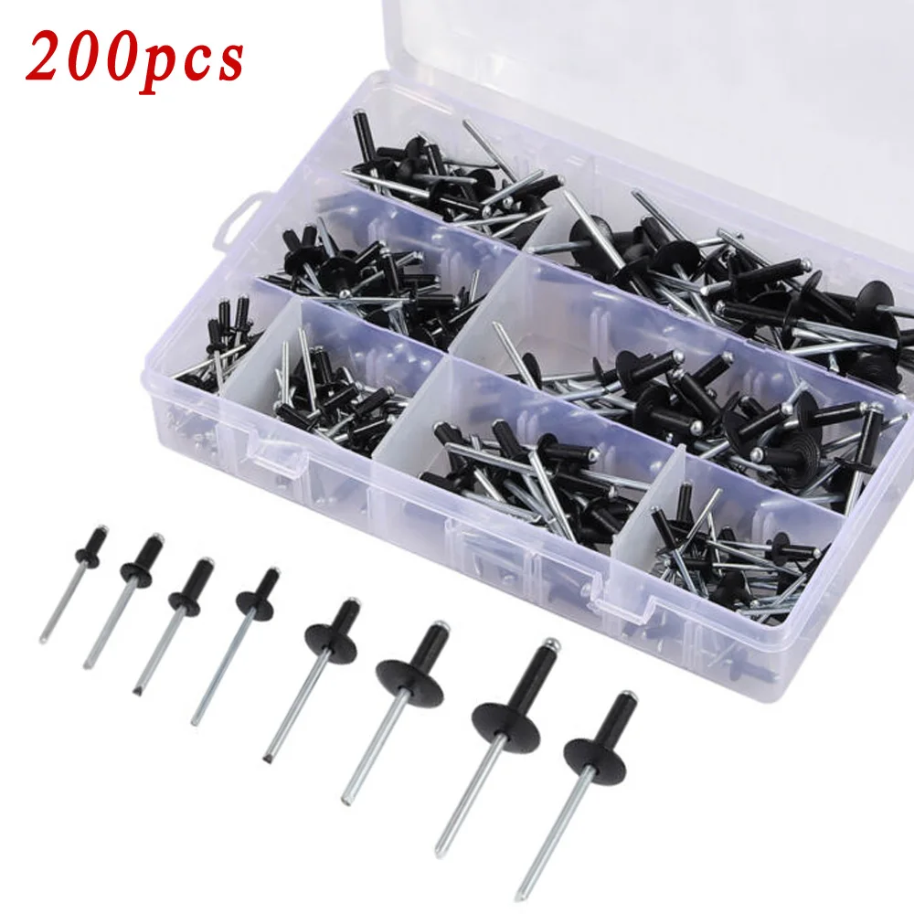 200pcs/Set Assorted Black Rivets Blind Holes Standard And Large Flange 8-18mm Aluminum Alloy Tool Part kits Standard Flanges New
200pcs/Set Assorted Black Rivets Blind Holes Standard And Large Flange 8-18mm Aluminum Alloy Tool Part kits Standard Flanges New