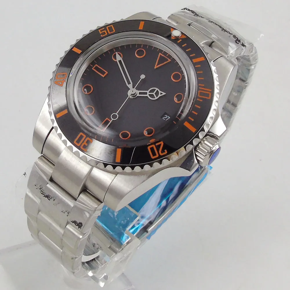 40mm Black Dial Automatic Movement Domed Glass Miyota Bracelet Strap Orange marks Date Window Self Winding Mens Watch
40mm Black Dial Automatic Movement Domed Glass Miyota Bracelet Strap Orange marks Date Window Self Winding Mens Watch