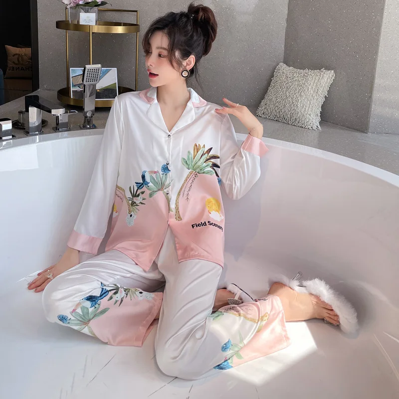 Printed Pajamas Women Satin Sleepwear Lapel 2PCS Shirt&Pants Set Spring Autumn Nightwear Lingerie Long Sleeve Home Clothes
Printed Pajamas Women Satin Sleepwear Lapel 2PCS Shirt&Pants Set Spring Autumn Nightwear Lingerie Long Sleeve Home Clothes