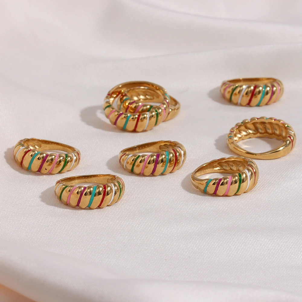 Trendy New StyleColourful Stripe Round Tarnish Free Hypoallergenic Stainless Steel Gold Ring For Women Party Jewelry Gifts
Trendy New StyleColourful Stripe Round Tarnish Free Hypoallergenic Stainless Steel Gold Ring For Women Party Jewelry Gifts