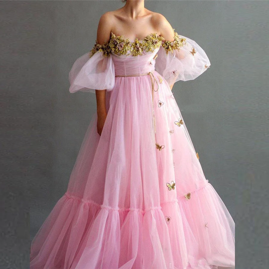 Off the Shoulder Floral Appliques Tulle Pink Prom Dresses With 1/2 Sleeves Long Formal Dress Evening Party Gowns
Off the Shoulder Floral Appliques Tulle Pink Prom Dresses With 1/2 Sleeves Long Formal Dress Evening Party Gowns