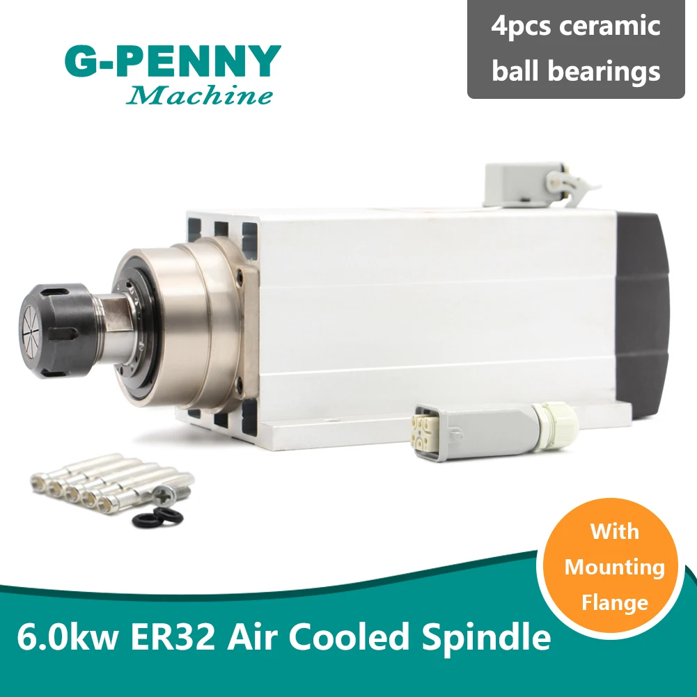 6.0KW Air Cooled Spindle ER32 300Hz 220v / 380v with Mounting Flange 4pcs Ceramic Ball Bearings 0.01mm Accuracy
6.0KW Air Cooled Spindle ER32 300Hz 220v / 380v with Mounting Flange 4pcs Ceramic Ball Bearings 0.01mm Accuracy