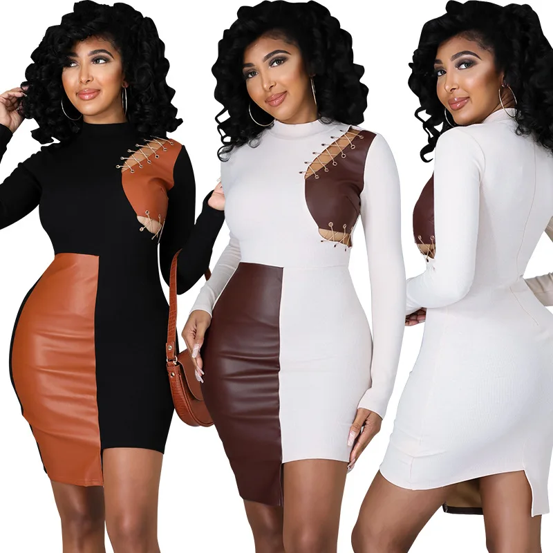 Women Patchwork Faux Leather Long Sleeve Lace Up Irregular Dress Autumn Sexy Night Party Clubwear Bodycon Midi Dresses
Women Patchwork Faux Leather Long Sleeve Lace Up Irregular Dress Autumn Sexy Night Party Clubwear Bodycon Midi Dresses