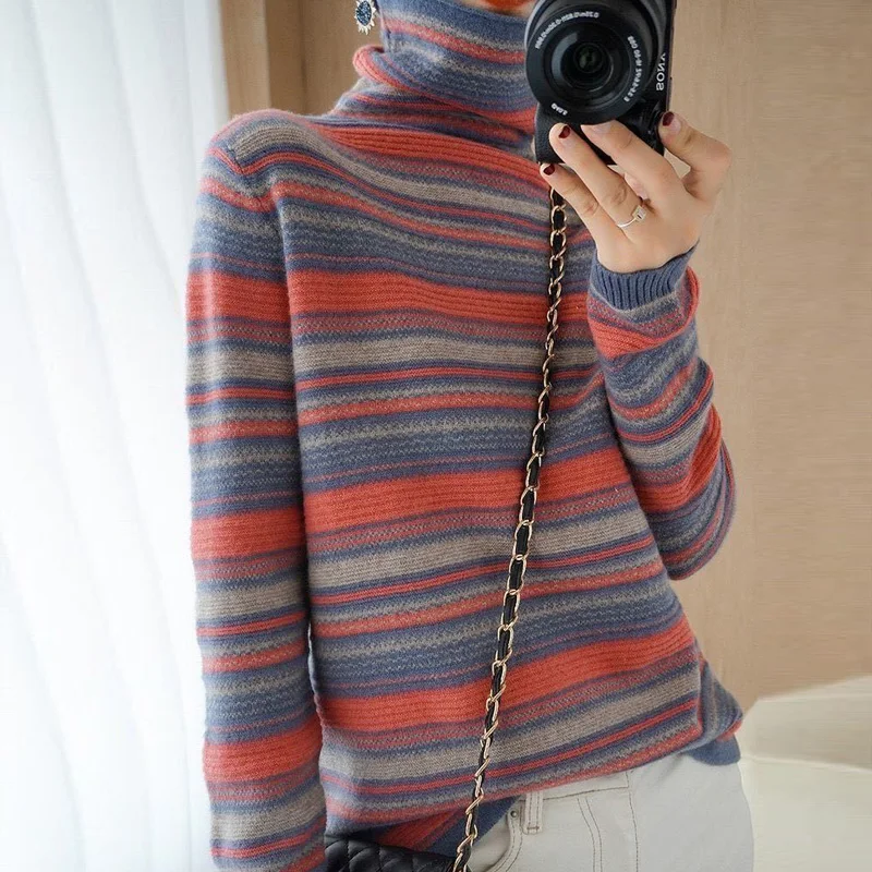 Turtleneck Wool Cardigan Sweater Autumn Winter New Loose Vintage Long Sleeve Pile Collar Knitted Sweater Women Stirped Sweater
Turtleneck Wool Cardigan Sweater Autumn Winter New Loose Vintage Long Sleeve Pile Collar Knitted Sweater Women Stirped Sweater