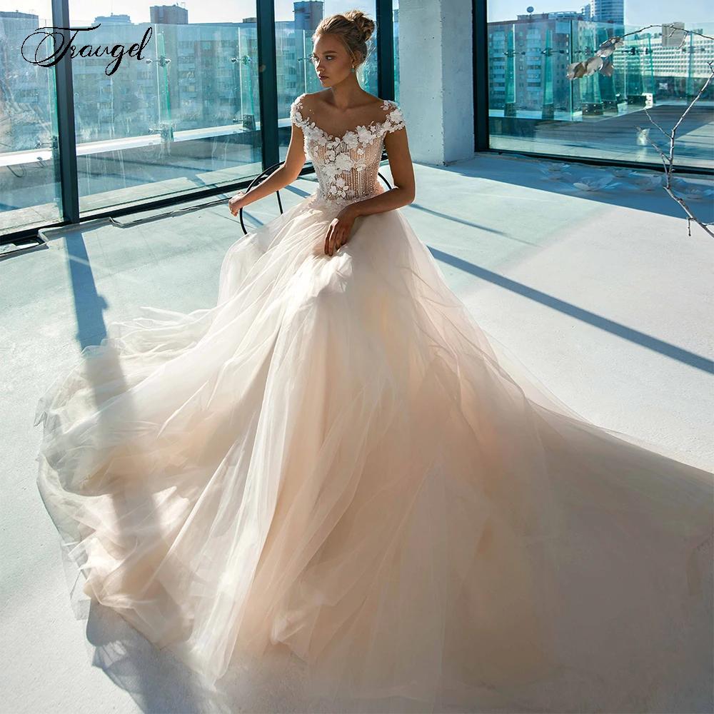 Traugel Scoop A Line Wedding Dresses Elegant Applique 3D Flower Cap Sleeve Button Bride Dress Chapel Train Bridal Gown
Traugel Scoop A Line Wedding Dresses Elegant Applique 3D Flower Cap Sleeve Button Bride Dress Chapel Train Bridal Gown