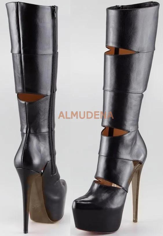 Round Toe Stiletto Platform Black Leather Knee High Boots Ladies Glossy Hollow out Side Zipper Boots Super High Heel Long Boots
Round Toe Stiletto Platform Black Leather Knee High Boots Ladies Glossy Hollow out Side Zipper Boots Super High Heel Long Boots