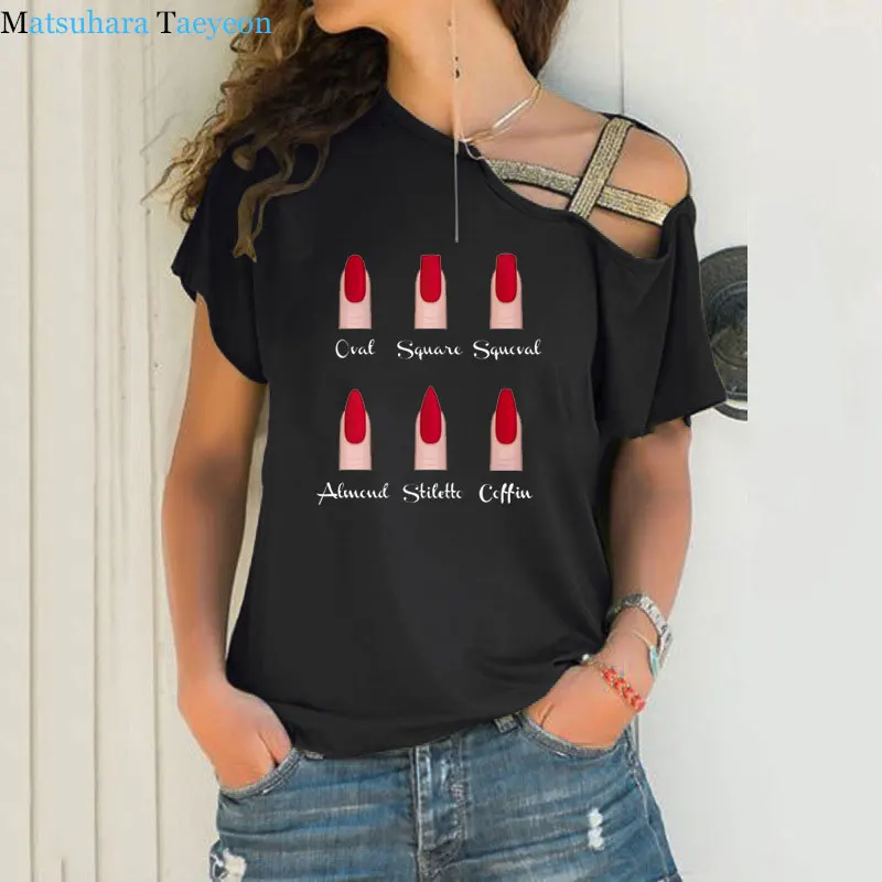 t shirt women fashion Nail art print fun casual summer short-sleeve Harajuku women's T-shirt Irregular Skew Cross Bandage tops
t shirt women fashion Nail art print fun casual summer short-sleeve Harajuku women's T-shirt Irregular Skew Cross Bandage tops