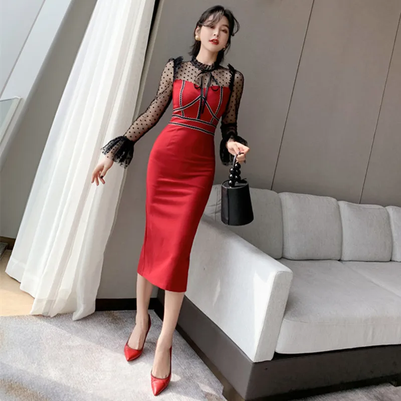 2022 Women Office Lady Elegant Party Dresses Spring Bodycon Mesh Patchwork Pencil Dress Red Long Flare Sleeve Bow Collar Dress
2022 Women Office Lady Elegant Party Dresses Spring Bodycon Mesh Patchwork Pencil Dress Red Long Flare Sleeve Bow Collar Dress