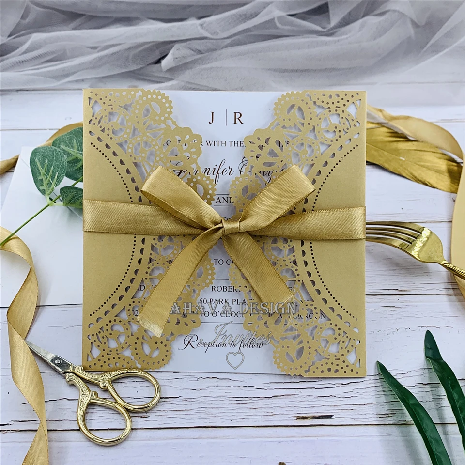 Graceful gold laser cut floral wedding invitations, personalized invite with bow
Graceful gold laser cut floral wedding invitations, personalized invite with bow