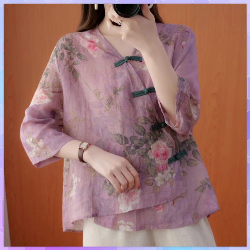 Chinese Style Retro T-shirt for Women, V-neck Floral Top with Button Sleeves, Cotton and Linen Shirt, Summer
Chinese Style Retro T-shirt for Women, V-neck Floral Top with Button Sleeves, Cotton and Linen Shirt, Summer
