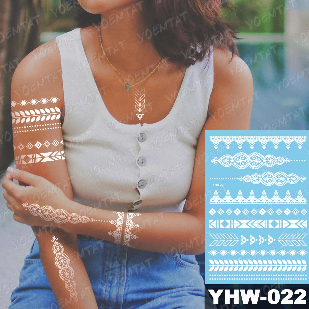 Waterproof Temporary Tattoo Sticker Geometric Bracelet White Henna Flash Tatto Indian Arab Women Bride Sexy Body Art Fake Tatoo
Waterproof Temporary Tattoo Sticker Geometric Bracelet White Henna Flash Tatto Indian Arab Women Bride Sexy Body Art Fake Tatoo