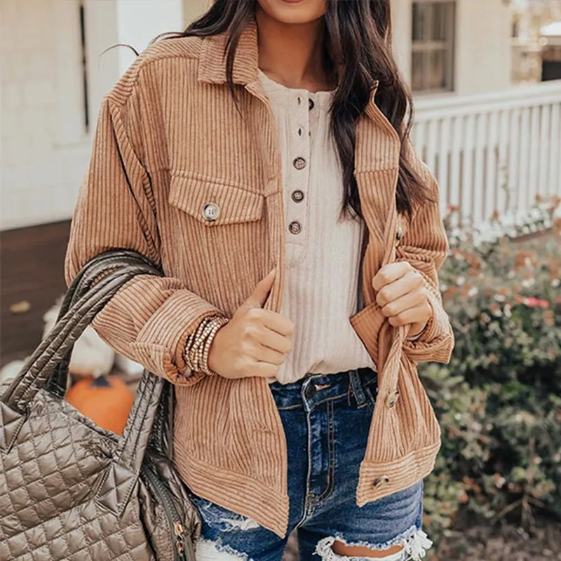 Autumn Corduroy Ribbed Long Sleeve Coat Women's Casual Solid Turn-down Collar Single Breasted Short Coats Female Vintage Jacket
Autumn Corduroy Ribbed Long Sleeve Coat Women's Casual Solid Turn-down Collar Single Breasted Short Coats Female Vintage Jacket