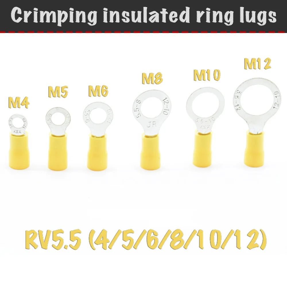 Crimp insulated ring lugs, wire terminals, type-O, yellow, rv5.5-(4/5/6/8/10/12), 50 PCs
Crimp insulated ring lugs, wire terminals, type-O, yellow, rv5.5-(4/5/6/8/10/12), 50 PCs